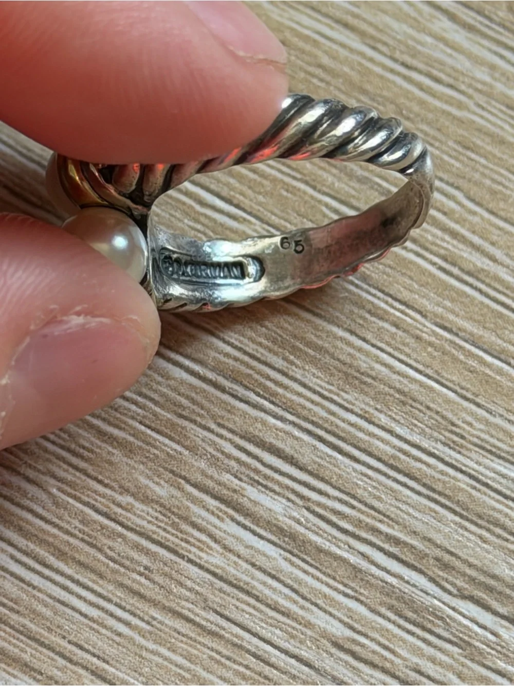 LN David Yurman Cable Classic Bypass Ring, 18k Gold, Sterling Silver, Pearls 6.5